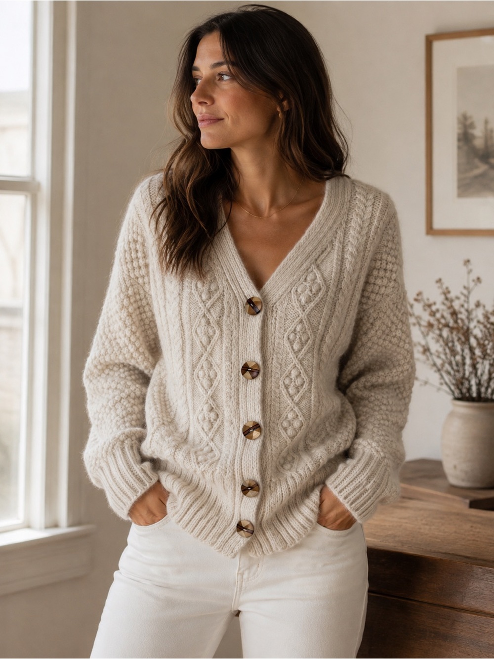 Vintage Style Hand Knit Cream Cardigan Wool Angora Feel Cable Artisan Knit